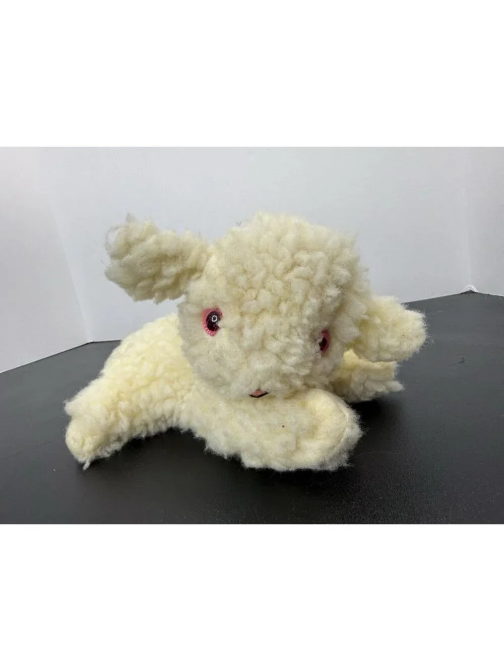 Vintage Laying Sheep Lamb Plush Pink Eyes Sherpa Fur 8 Inch